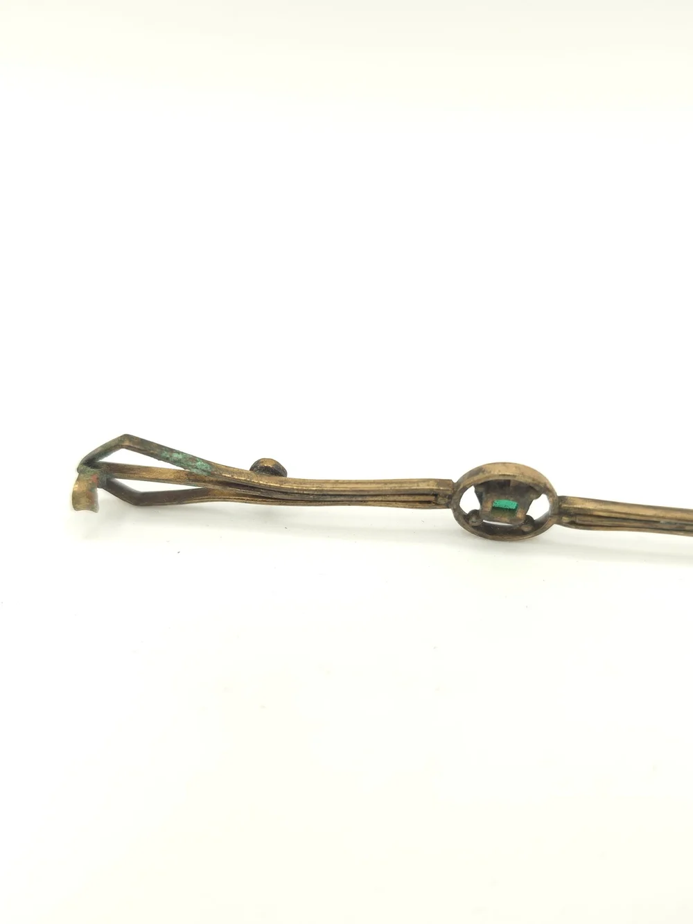 Antique Bar Brooch Gold Tone Green Stone Faux Pearl Edwardian Art Deco 2-7/8